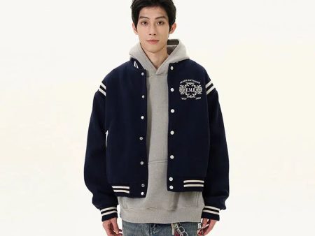 Striped Sleeves Embroidered Varsity Jacket For Discount