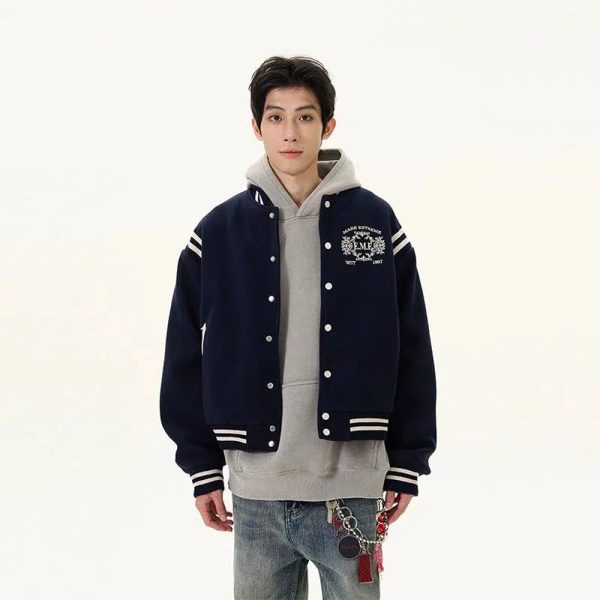 Striped Sleeves Embroidered Varsity Jacket For Discount