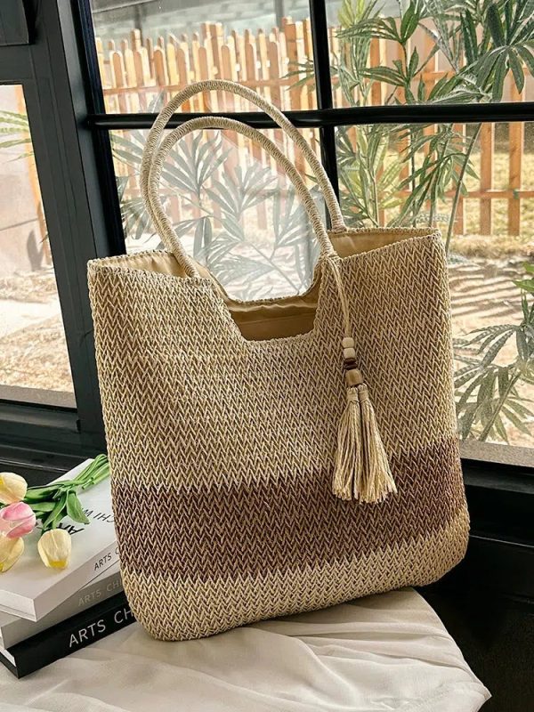 Tassel Decor Handwoven Straw Tote Bag For Discount