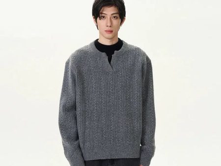 V-Slit Neckline Cable Knit Sweater Discount