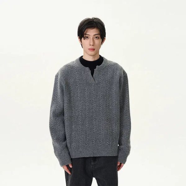 V-Slit Neckline Cable Knit Sweater Discount