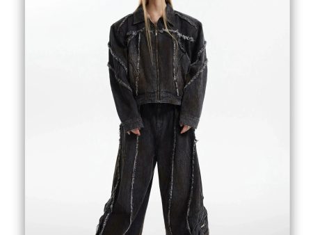 Black Denim Jacket Wide-leg Pants Suit on Sale