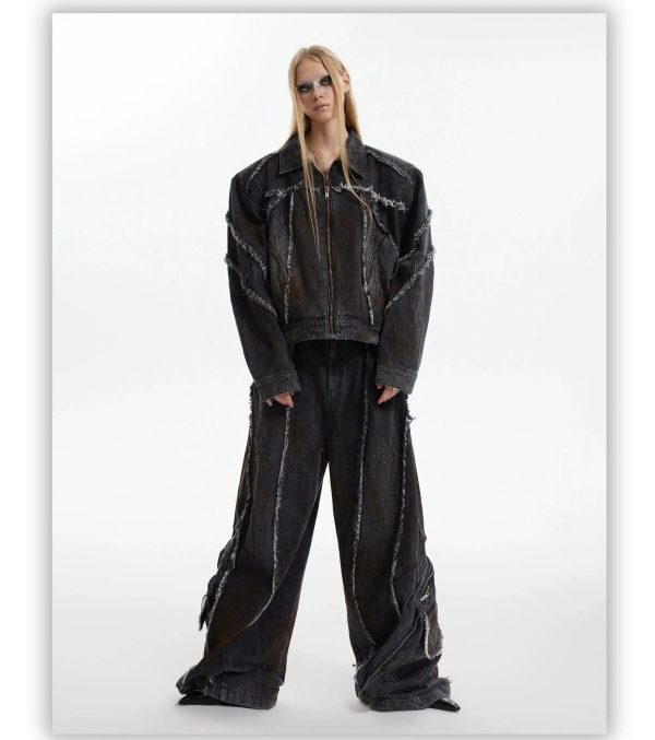 Black Denim Jacket Wide-leg Pants Suit on Sale