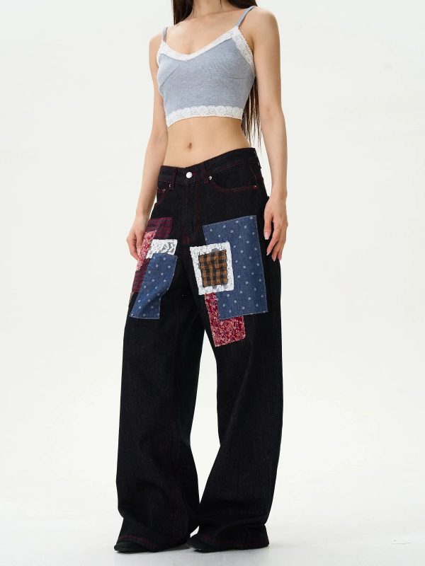 Wide-Leg Patchwork Denim Pants Cheap