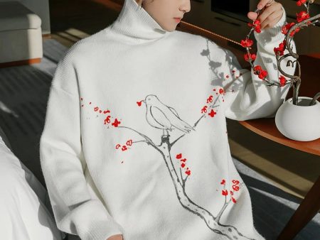 Bird Floral Design Turtleneck Knitwear For Cheap