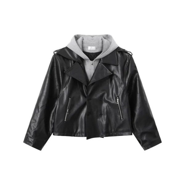 Casual Hooded Patchwork Leather Jacket For Discount